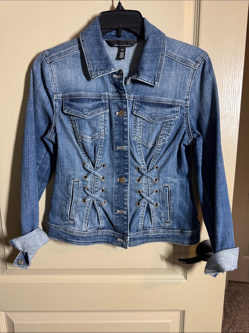 White House Black Market Blue Denim Lace-Up Jacket